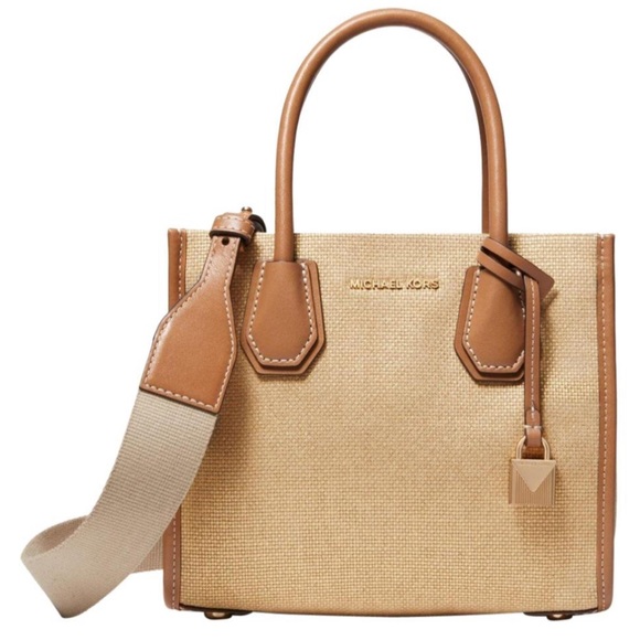 NWT Michael Kors Mercer Pale Gold Glitter Metallic Canvas Crossbody Mini Handbag - Picture 2 of 10